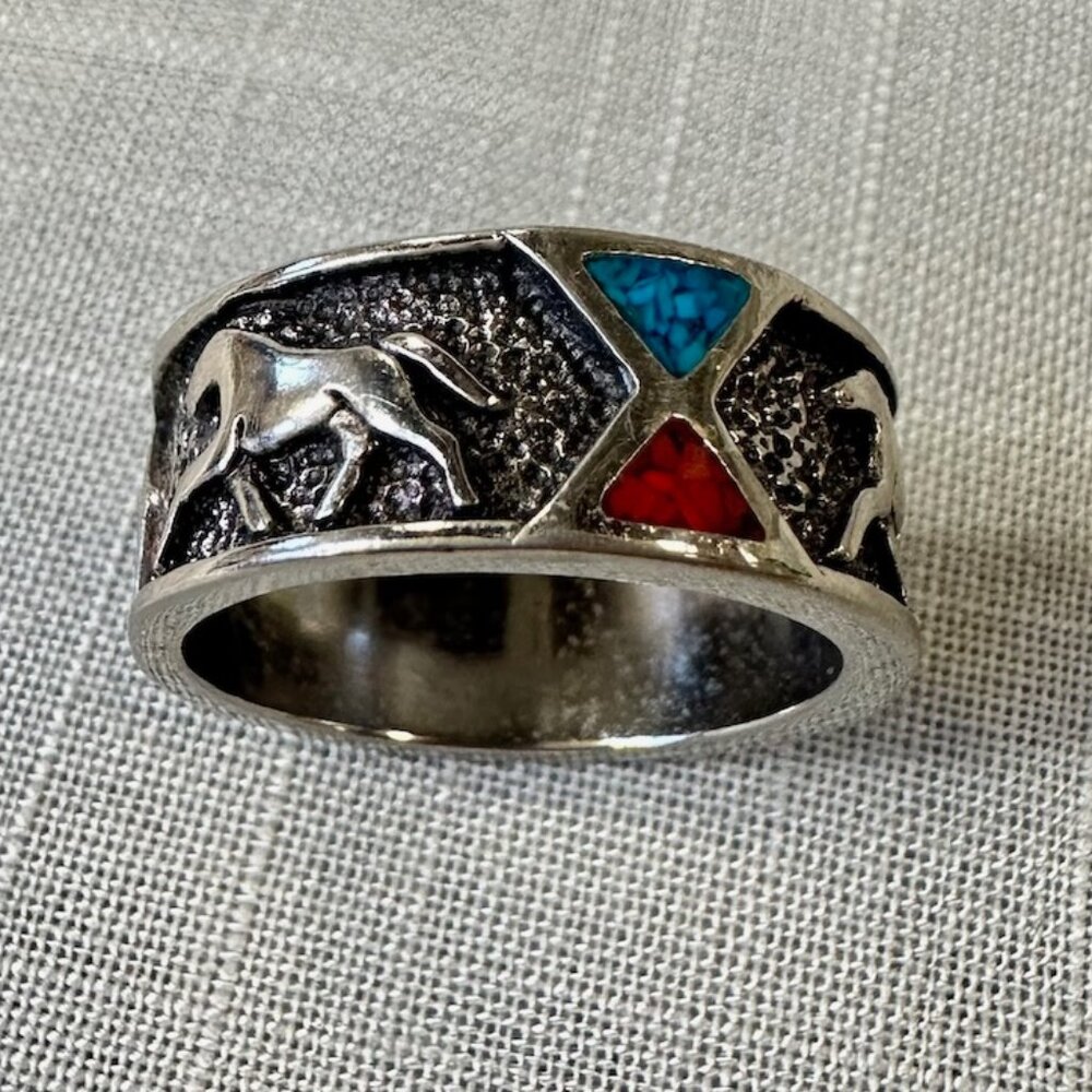 Sterling Silver Horse Accent Ring with Red and Turquoise Inlay - Picture 9 of 10